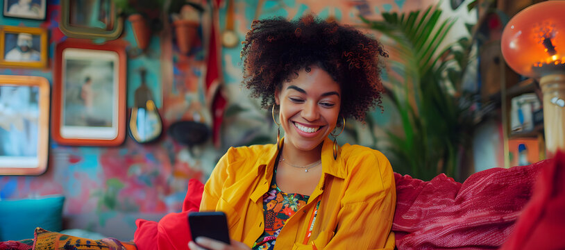 Woman Sitting on Couch Using Cell Phone. Generative AI