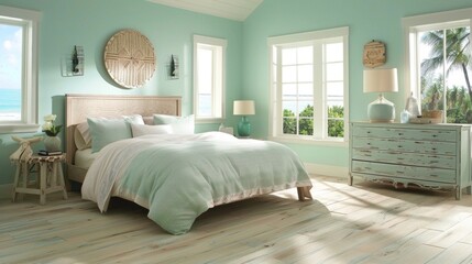 Moving into the bedroom the LVT flooring switches to a lighter bleached wood color. The walls are painted in a calming shade of seafoam green while the bedspread features a subtle . - obrazy, fototapety, plakaty