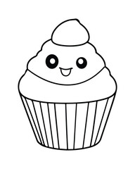 
Cute Kawaii cupcake coloring Pages, Cupcake illustration, cupcake black and white,  cupcake flat design, cake vector art.