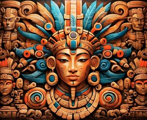 Fototapeta premium Mayan style art wooden design with face and blue feather headdress 
