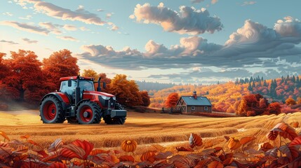Agriculture, nature and farming. Summer. The tractor pulls the plow behind it, field, trees and farm vector illustrations for poster, background. Poster. Vector art style, vector design procreate.