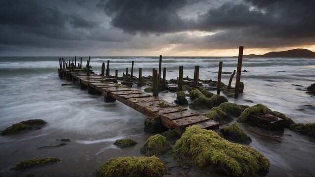 Dilapidated wooden pier extends into tumultuous sea, capturing essence of natures untamed beauty, relentless power. Waves crash against moss-covered rocks, pillars.