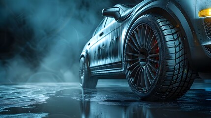 Sleek Car Showcasing High-Performance Tires. Concept Car Photography, High-Performance Tires, Automotive Design, Sleek Vehicles, Speed and Style - obrazy, fototapety, plakaty
