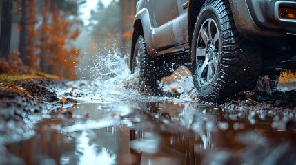 Dynamic Drive: Splashing Through Puddles. Concept Exploring Nature, Adventure Photography, Rainy Day Fun, Outdoor Activities