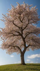 Majestic tree stands alone against backdrop of clear blue sky, adorned with blossoming flowers. Branches of tree reach out as if to embrace warmth of sun.