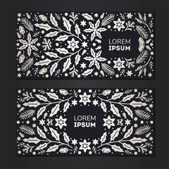 Luxury Christmas frame, abstract sketch winter floral design templates for xmas products. Geometric monochrome square, holly silver backgrounds with fir tree. Use for package, branding, decoration, - 787478640