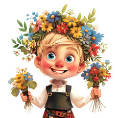 Illustration of a Scandinavian boy in traditional national clothes, with a wreath of wildflowers on her head, greeting card for Midsummer's Day or Mother's Day.