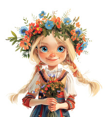 Illustration of a Scandinavian girl in traditional national clothes, with a wreath of wildflowers on her head, greeting card for Midsummer's Day or Mother's Day.