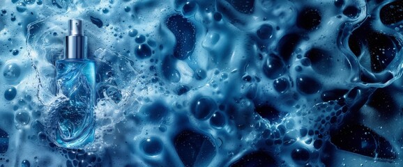Energetic image of a blue serum skincare product with dynamic water bubbles and a swirling liquid.