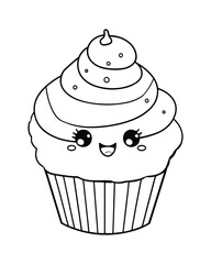 
Cute Kawaii cupcake coloring Pages, Cupcake illustration, cupcake black and white,  cupcake flat design, cake vector art.