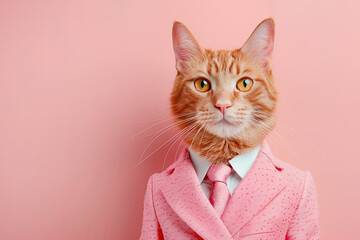 Portrait of a ginger cat in a pink suit and tie on a pastel pink studio background. Funny animals or business concept. Copy space for text.