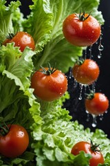 Salad of fresh and delicious vegetables. Fresh ripe tomatoes and lettuce leaves covered with water drops. Salad closeup banner. Healthy eating concept.