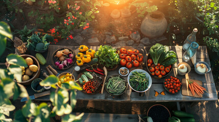 Assorted fresh vegetables on a garden table.