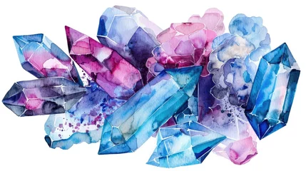 Foto op Plexiglas Watercolor design featuring gemstones in shades of blue purple and pink Hand drawn artwork on a white backdrop © 2rogan