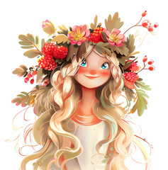 Illustration of a forest fairy, with a wreath of wildflowers and berries on her head, greeting card for Midsummer Day.