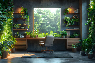 Blue-Grey Cloudy Haven: A Peaceful Home Office Surrounded by Nature - obrazy, fototapety, plakaty