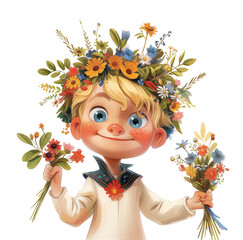Illustration of a Scandinavian boy in traditional national clothes, with a wreath of wildflowers on his head, greeting card for Midsummer's Day.