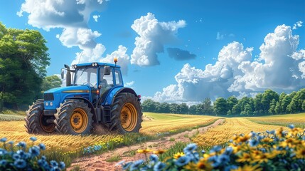 Agriculture, nature and farming. Summer. The tractor pulls the plow behind it, field, trees and farm vector illustrations for poster, background. Poster. Vector art style, vector design procreate. - obrazy, fototapety, plakaty