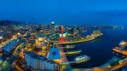 Panoramic of Cityscape and traffic at night in Kobe, Japan.