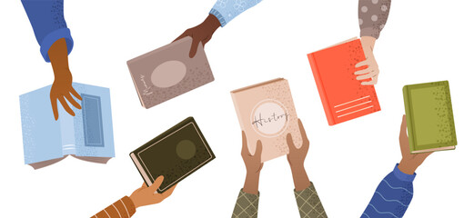 Book exchange or bookcrossing web banner. Education and knowledge concept, human hands holding various books on white background. Literature event, book club, World Book Day. Vector illustration.