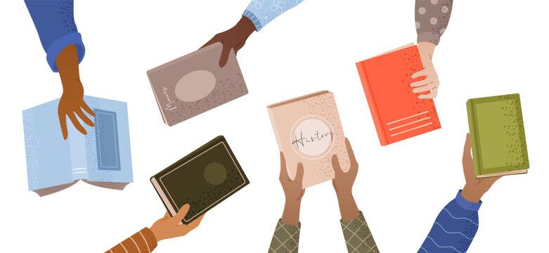 Book exchange or bookcrossing web banner. Education and knowledge concept, human hands holding various books on white background. Literature event, book club, World Book Day. Vector illustration.