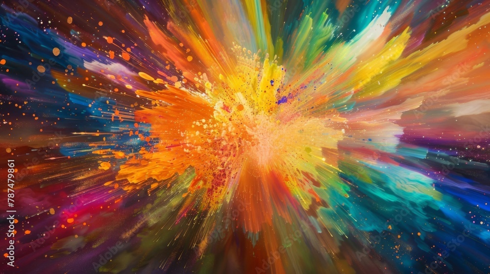 Poster a fusion of bright colors exploding and colliding to form an abstract explosion of energy and life.