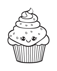 
Cute Kawaii cupcake coloring Pages, Cupcake illustration, cupcake black and white,  cupcake flat design, cake vector art.