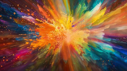 A fusion of bright colors exploding and colliding to form an abstract explosion of energy and life.