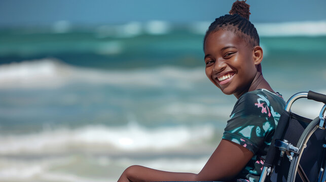 young beautiful African American smiling girl in wheelchair on the beach in summer time, summer vacation.