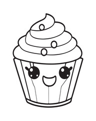 
Cute Kawaii cupcake coloring Pages, Cupcake illustration, cupcake black and white,  cupcake flat design, cake vector art.