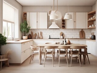 Fototapeta na wymiar Scandinavian classic kitchen with wooden and white details, minimalistic interior design