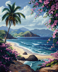 Nature Artwork: Beach Scene with Palm Trees and Flowers in Saint Vincent and the Grenadines, Northern America - obrazy, fototapety, plakaty