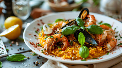 Italian food concept Risotto with seafood