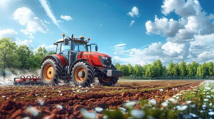 Agriculture, nature and farming. Summer. The tractor pulls the plow behind it, field, trees and farm vector illustrations for poster, background. Poster. Vector art style, vector design procreate.