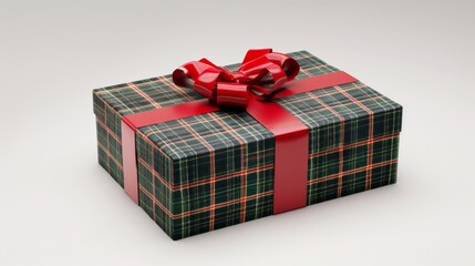 Blank mockup of a traditional holiday gift box in a plaid design with a large red bow. .