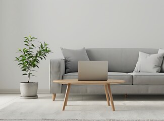 Scandinavian style living room interior with a grey sofa