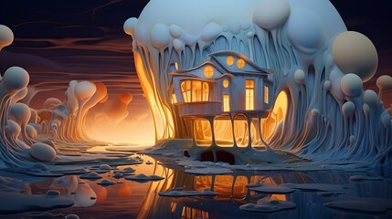 a house that appears to be melting, with AI-generated painters using surreal and fluid designs to...