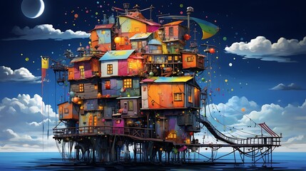 a house that defies the laws of physics, with AI painters creating an otherworldly, floating...