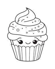 
Cute Kawaii cupcake coloring Pages, Cupcake illustration, cupcake black and white,  cupcake flat design, cake vector art.