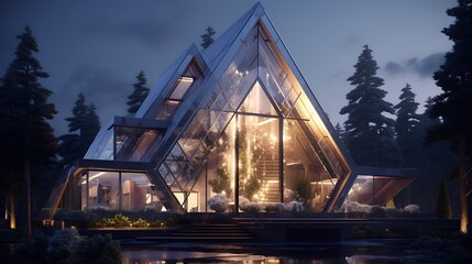 an AI-generated house that seems to be made of transparent crystal, with intricate fractal patterns adding a touch of elegance and mystery