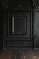 A mockup of a blank square photo frame hanging in the middle of wall with Gothic, dark, mysterious decoration