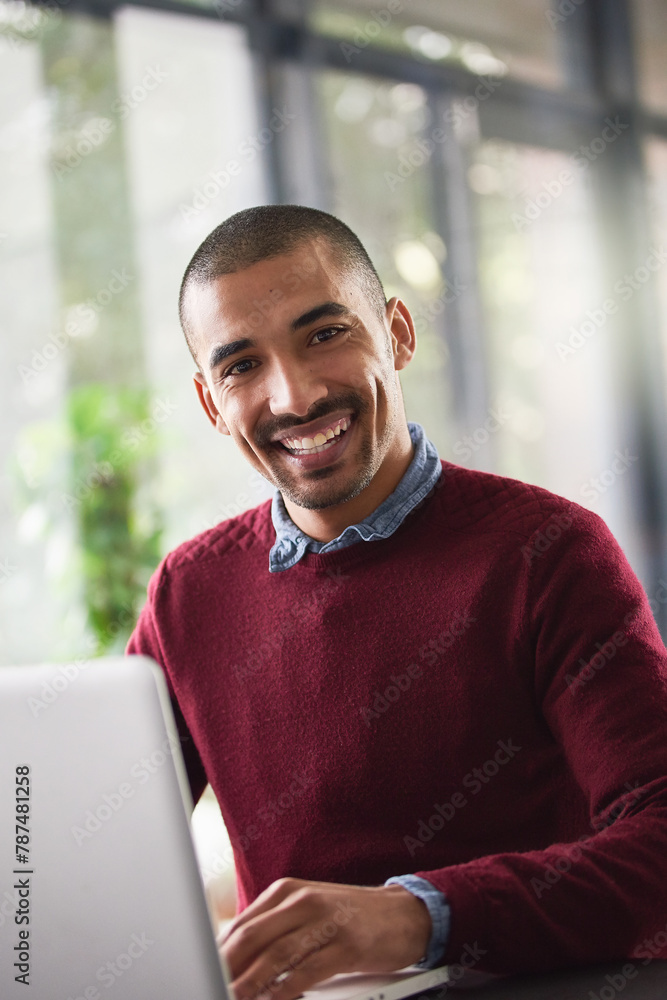Poster office, portrait and happy man with laptop, website review or online report for business opportunity