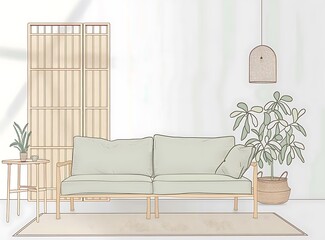 simple modern living room interior with sofa and wooden screen