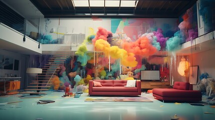an image of a house transformed into an abstract wonderland, with AI-generated painters using...