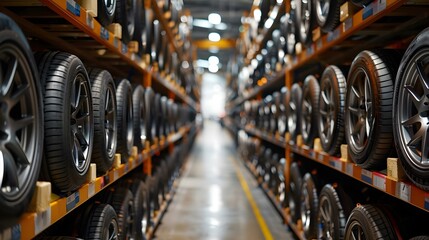 Alloy Wheels Aisle in Supercar Showroom - Sleek and Ready. Concept Luxury Cars, Alloy Wheels, Supercar Showroom, Sleek Design, Automotive Passion - obrazy, fototapety, plakaty