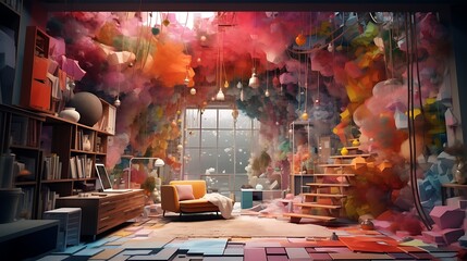 an image of a house transformed into an abstract wonderland, with AI-generated painters using unconventional techniques to a mesmerizing environment