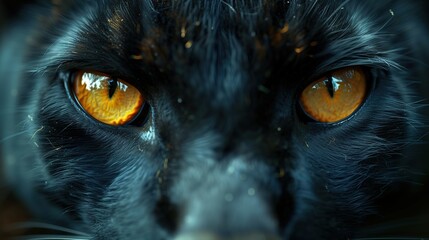 Close-up of a black cat with orange eyes. Macro. - obrazy, fototapety, plakaty