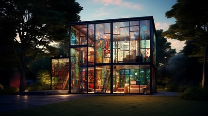 a house that appears to be built entirely of glass, with AI painters adding intricate stained glass...