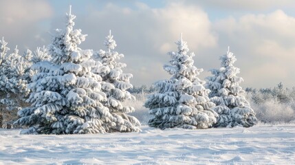 Frost covered fir trees in a snowy field
