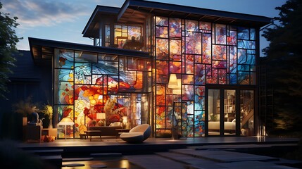 a house that appears to be built entirely of glass, with AI painters adding intricate stained glass patterns to its transparent walls